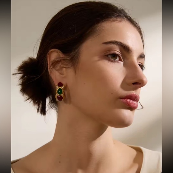 Gemstone Hoop Earrings PVD Gold Plated Stainless Steel with Pearls Natural Stone - Picture 4 of 14